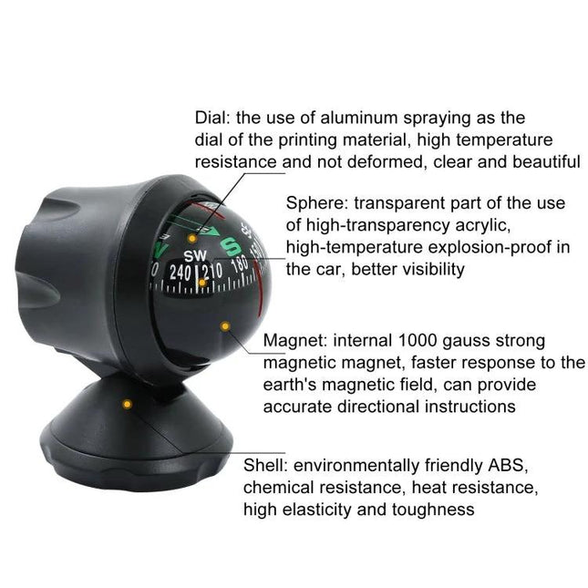 Compact Guide Ball Ornament for Everyday Car Interiors magnetic compass ornament showing dial, acrylic sphere, 1000-gauss magnet and ABS shell