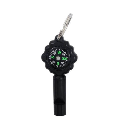 2 In 1 Whistle Compass For Outdoor Survival With Mountaineering Buckle compact black whistle with compass and mountaineering clip, nylon lanyard attachment