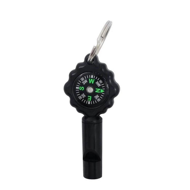 2 In 1 Whistle Compass For Outdoor Survival With Mountaineering Buckle compact black whistle with compass and mountaineering clip, nylon lanyard attachment
