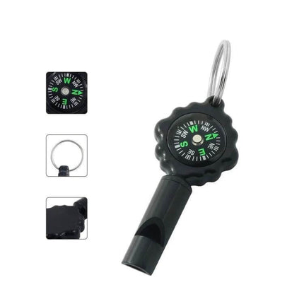 2 In 1 Whistle Compass For Outdoor Survival With Mountaineering Buckle compact black whistle with compass and keyring for hiking and emergency kits