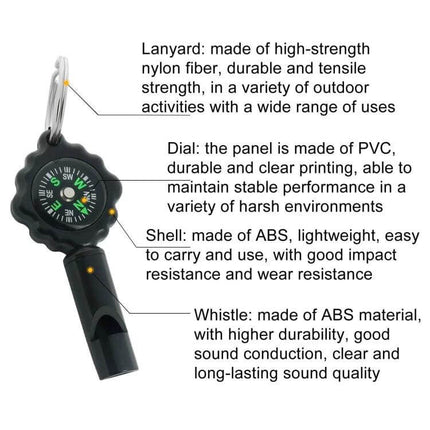 2 In 1 Whistle Compass For Outdoor Survival With Mountaineering Buckle compact black whistle compass with nylon lanyard and PVC dial