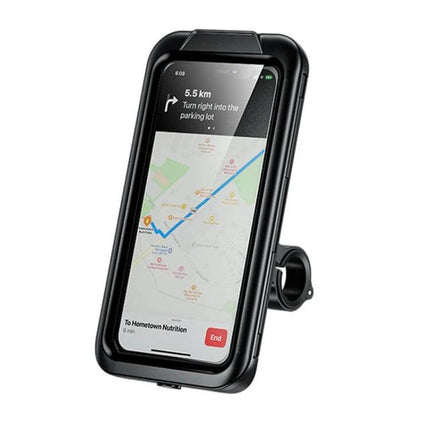 Kewig Motorcycle Waterproof Phone Box with Touchscreen mounted on bike handlebar displaying map and navigation