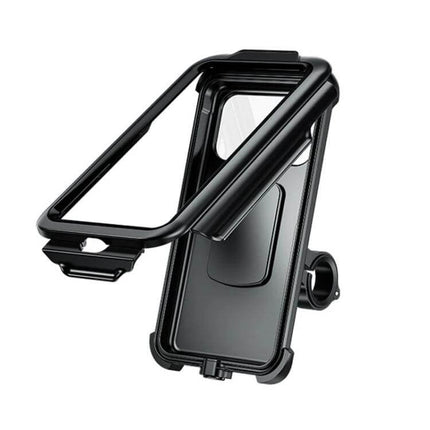 Kewig Motorcycle Waterproof Phone Box with Touchscreen mounted on bike handlebar, clear touchscreen window, fits 5.5–6.8in phones, black protective case