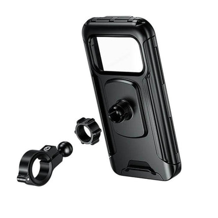 Kewig Motorcycle Waterproof Phone Box with Touchscreen mounted on motorcycle handlebar, black protective case with touchscreen window