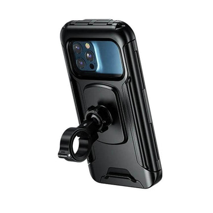 Kewig Motorcycle Waterproof Phone Box with Touchscreen mounted on motorcycle handlebar, black protective case with touchscreen access