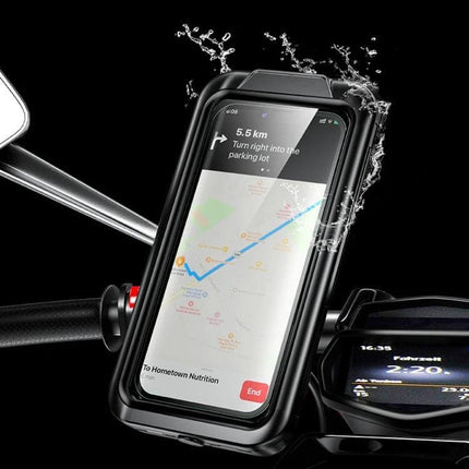 Kewig Motorcycle Waterproof Phone Box with Touchscreen mounted on bike showing GPS map, touchscreen use and water resistance