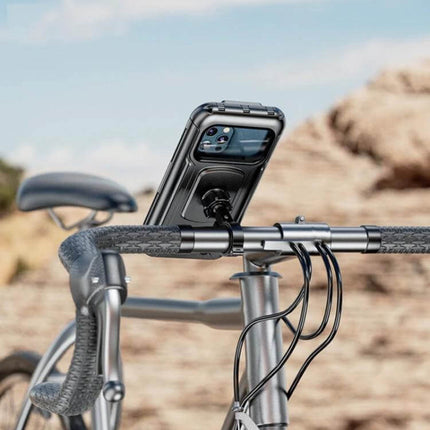 Kewig Motorcycle Waterproof Phone Box with Touchscreen mounted on bicycle handlebar showing touchscreen access and secure waterproof enclosure