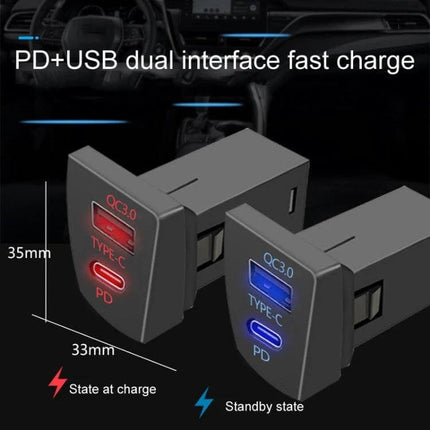 RAV4 USB-PD Car Charger For On-The-Go Everyday Use dual USB-C PD and QC3.0 car charger showing red and blue charging LEDs