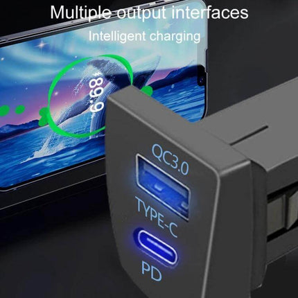 RAV4 USB-PD Car Charger For On-The-Go Everyday Use showing QC3.0 USB-A and Type-C PD ports charging a smartphone in car
