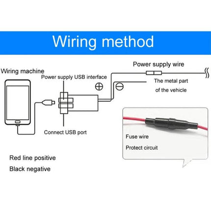 RAV4 USB-PD Car Charger For On-The-Go Everyday Use wiring diagram showing USB port, red positive and black negative power supply connections and inline fuse
