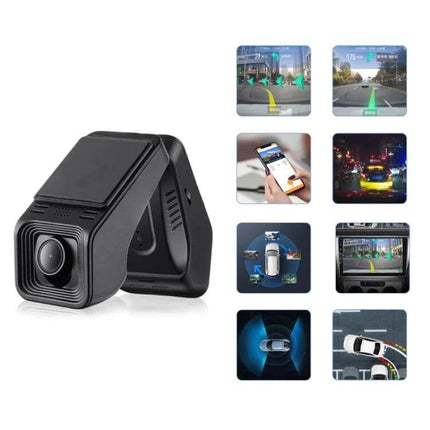 Car Dash Cam with HD Night Vision and Loop Recording Feature mounted in car showing 170-degree view and night/day footage