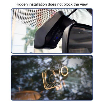 Car Dash Cam with HD Night Vision and Loop Recording Feature hidden installation under rearview mirror showing 170-degree lens for day and night recording