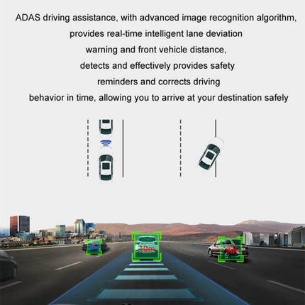 Car Dash Cam with HD Night Vision and Loop Recording Feature showing ADAS lane departure and distance warnings with 170° view for day and night driving