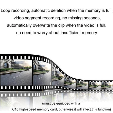 Car Dash Cam with HD Night Vision and Loop Recording Feature showing 170° angle filmstrip demo of continuous loop recording for day and night driving