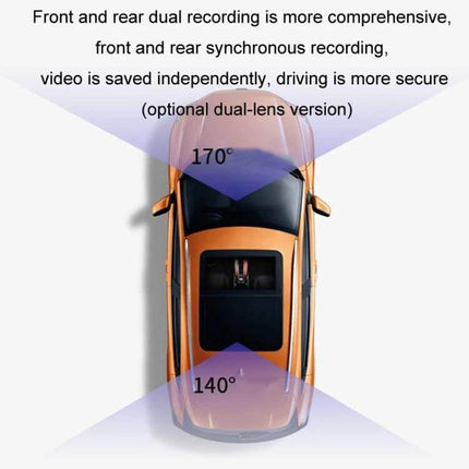 Car Dash Cam with HD Night Vision and Loop Recording Feature showing 170° front and 140° rear wide angle coverage for day and night recording