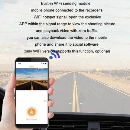 Car Dash Cam with HD Night Vision and Loop Recording Feature showing phone app live view and 170-degree road capture