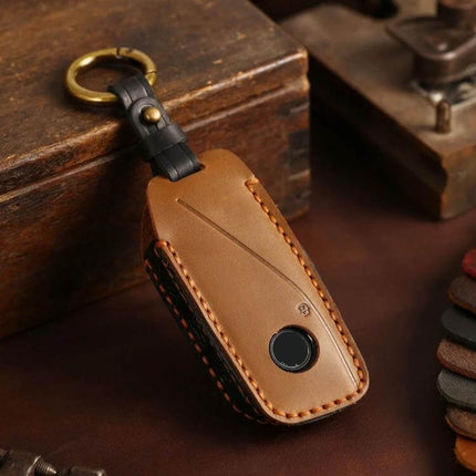Hallmo Cowhide Car Key Cover For BMW Durable Everyday Use - tan cowhide cover for 2024 BMW X73 key fob with precise stitching and snug fit