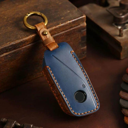 Hallmo Cowhide Car Key Cover For BMW Durable Everyday Use — blue leather cowhide cover for 2024 BMW X73 key fob with stitched edge and brass keyring