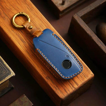 Hallmo Cowhide Car Key Cover For BMW Durable Everyday Use blue cowhide cover for 2024 BMW X73 key fob with brass ring and hand-stitched edges