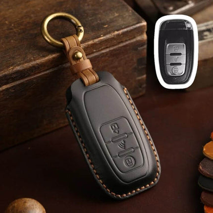Hallmo Cowhide Motorcycle Key Bag For Kymco Everyday Key Organizer black leather key cover with brass ring, slim cowhide protector for Kymco keys
