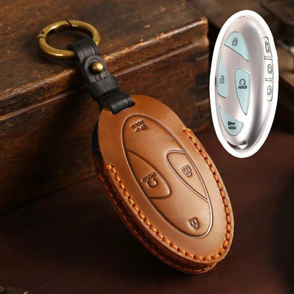 Handmade Hyundai Key Case For Hallmo Car Keys, 5 Or 7 Keys, Brown genuine brown cowhide leather key case with stitching and ring