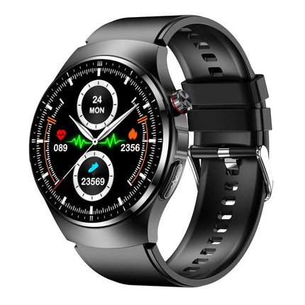 Daily Health Monitoring Watch for Everyday Wellness Activities - black smartwatch showing heart rate, steps, and blood-sugar indicators on round display