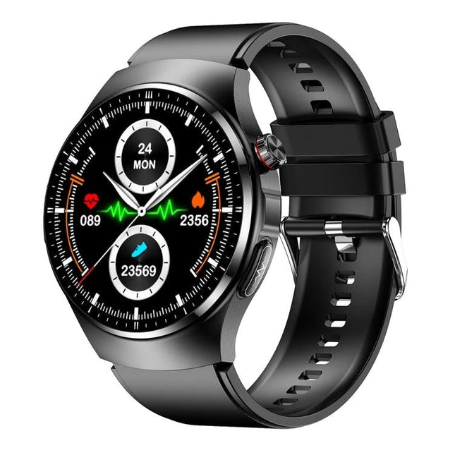 Daily Health Monitoring Watch for Everyday Wellness Activities - black smartwatch showing heart rate, steps, and blood-sugar indicators on round display