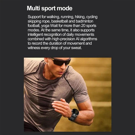 Daily Health Monitoring Watch for Everyday Wellness Activities shown on a runner using multi sport mode to track heart rate during exercise