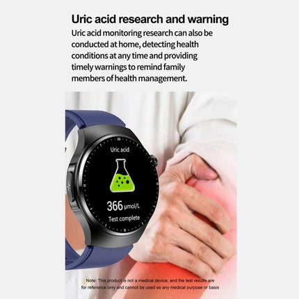Daily Health Monitoring Watch for Everyday Wellness Activities showing uric acid test result 366 µmol/L on wristwatch with person holding painful hand