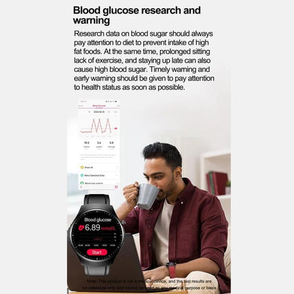 Daily Health Monitoring Watch for Everyday Wellness Activities showing blood glucose readout on smartwatch and app with man drinking coffee