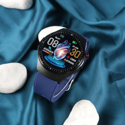 Daily Health Monitoring Watch for Everyday Wellness Activities showing heart rate, steps, and glucose readouts on blue wristwatch