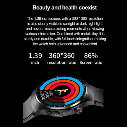 Daily Health Monitoring Watch for Everyday Wellness Activities showing 1.39-inch 360x360 screen and fitness rings on wrist