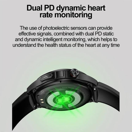 Daily Health Monitoring Watch for Everyday Wellness Activities showing dual PD dynamic heart rate sensors glowing green on the watch back