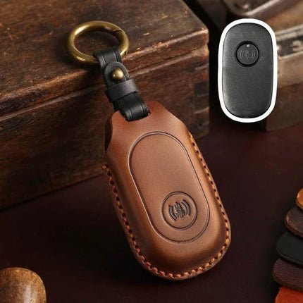 Sanyang Hallmo Motorcycle Key Case Cowhide Protective Cover brown leather key fob with brass ring, precise cutouts and stitched edges