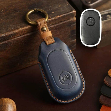 Sanyang Hallmo Motorcycle Key Case Cowhide Protective Cover navy blue cowhide key case with brass ring and hand-stitched trim