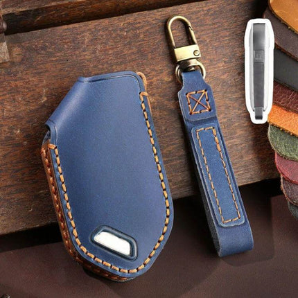 Kia Hallmo Car Key Protective Cover, 5 Keys For Everyday Use - blue cowhide leather key fob case with strap protecting up to five keys