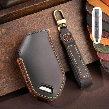 Kia Hallmo Car Key Protective Cover, 5 Keys For Everyday Use - brown cowhide leather key fob case with strap, holds up to five keys, original-key fit