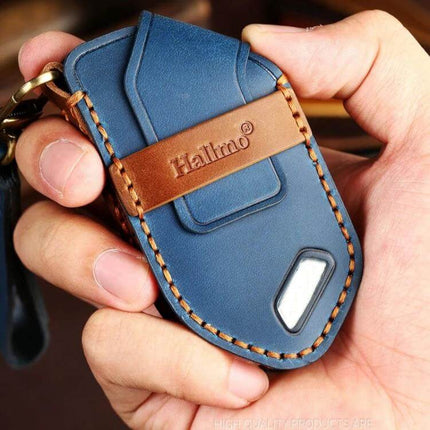 Kia Hallmo Car Key Protective Cover, 5 Keys For Everyday Use - blue cowhide leather key fob holder with stitched edge and brown strap