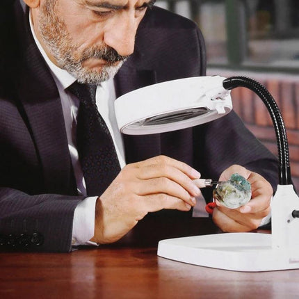 10X Desktop Magnifying Lamp with LED Lights for Reading and Repair used by jeweler for detailed repair with 10X 120mm acrylic lens and LED illumination
