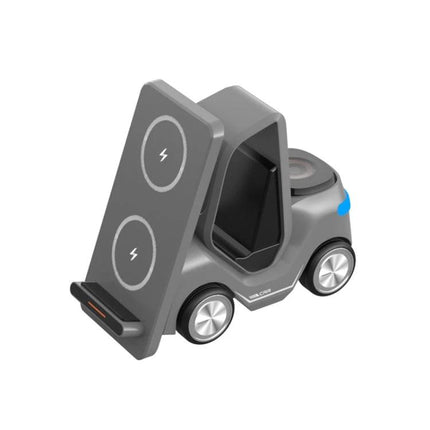 Forklift-Shaped Charger for Daily Desk Device Setup - gray desk wireless charging stand for phone, headphones and smartwatch