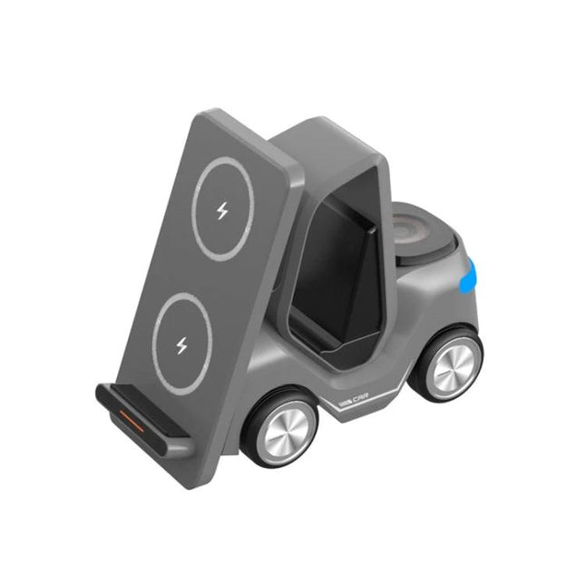 Forklift-Shaped Charger for Daily Desk Device Setup - gray desk wireless charging stand for phone, headphones and smartwatch