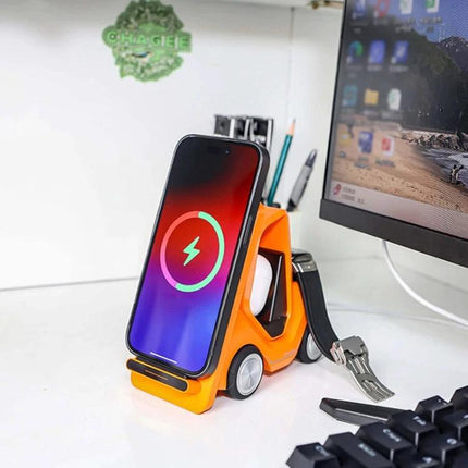 Forklift-Shaped Charger for Daily Desk Device Setup orange wireless charging stand holding phone, earbuds, smartwatch on tidy desk