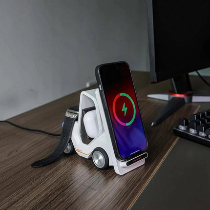 Forklift-Shaped Charger for Daily Desk Device Setup charging phone, earbuds and smartwatch on a compact desk stand