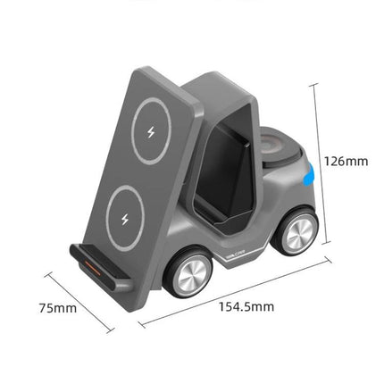 Forklift-Shaped Charger for Daily Desk Device Setup compact wireless stand showing phone and smartwatch charging on a desk (dimensions 154.5×75×126mm)