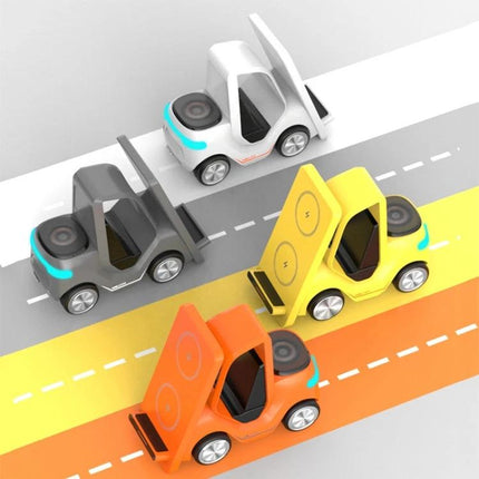 Forklift-Shaped Charger for Daily Desk Device Setup in multiple colors on a tidy desk stand charging phone, headphones, and smartwatch