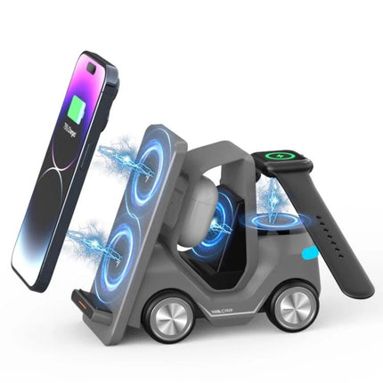 Forklift-Shaped Charger for Daily Desk Device Setup - wireless charging stand for phone, earbuds and smartwatch on tidy desk