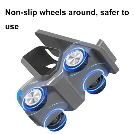 Forklift-Shaped Charger for Daily Desk Device Setup showing non-slip wheels and LED charging pads for phone, earbuds, and smartwatch
