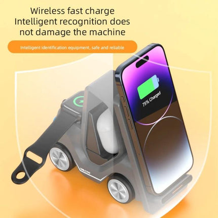 Forklift-Shaped Charger for Daily Desk Device Setup charging phone, smartwatch and earbuds on a tidy desk wireless stand