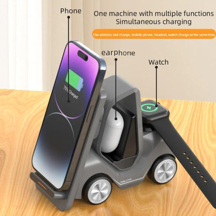 Forklift-Shaped Charger for Daily Desk Device Setup displaying phone, earphone, and watch charging on a compact forklift-shaped wireless stand