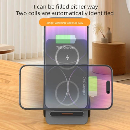Forklift-Shaped Charger for Daily Desk Device Setup showing phone and headset charging on a dual-coil wireless stand